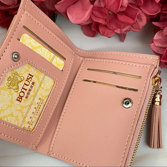Vegan Leather Two Tone Pink Cat Wallet with Tassel - Picture 8 of 14